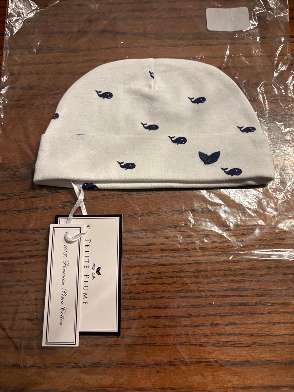 Petite Plume 100% Peruvian Pima Cotton White & Navy Whale Baby Beanie